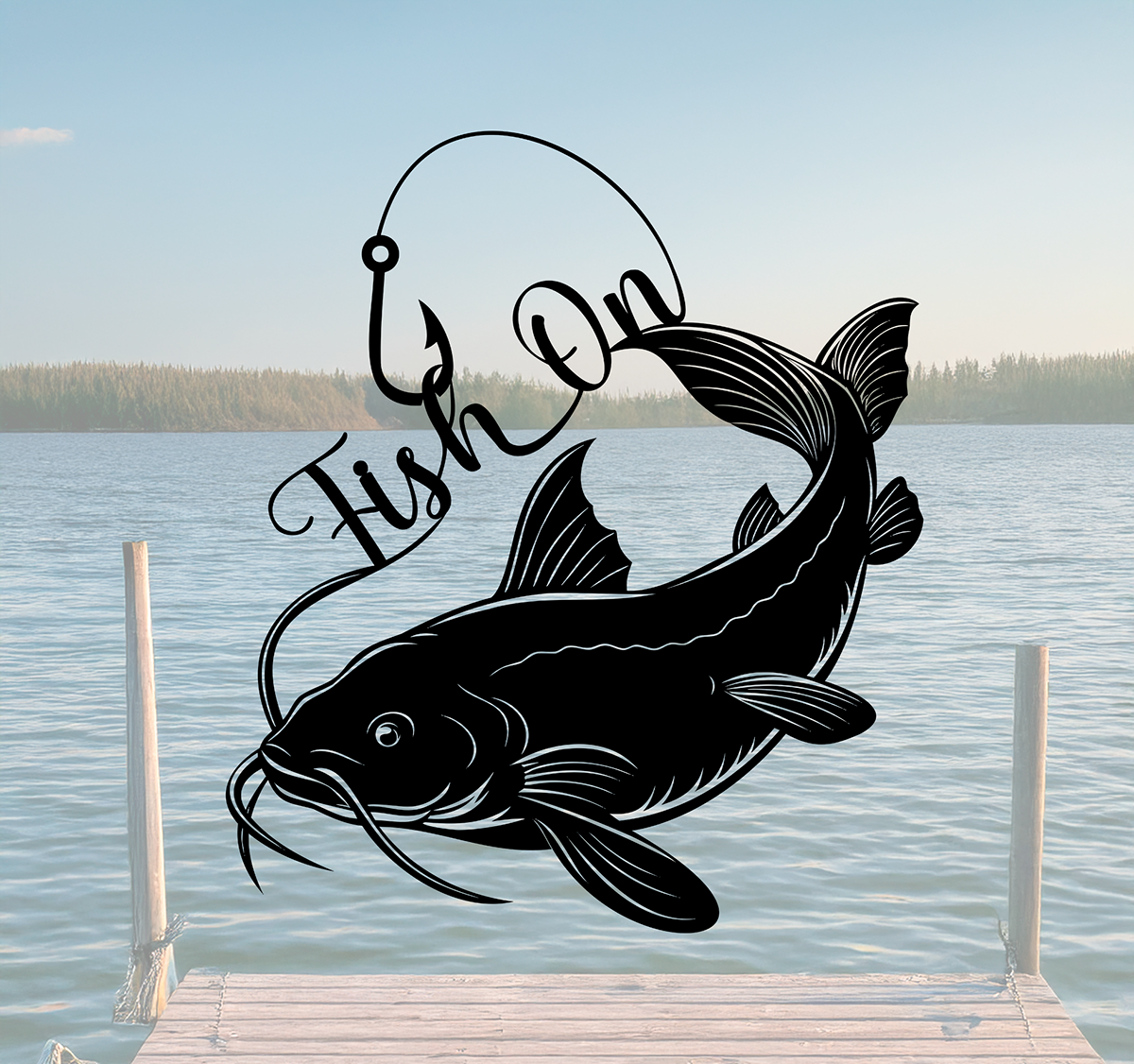 Wall decoration featuring a black silhouette of a fish with the words 'Fish On' and a fishing hook and line. Laser Cut from Carbon Steel.