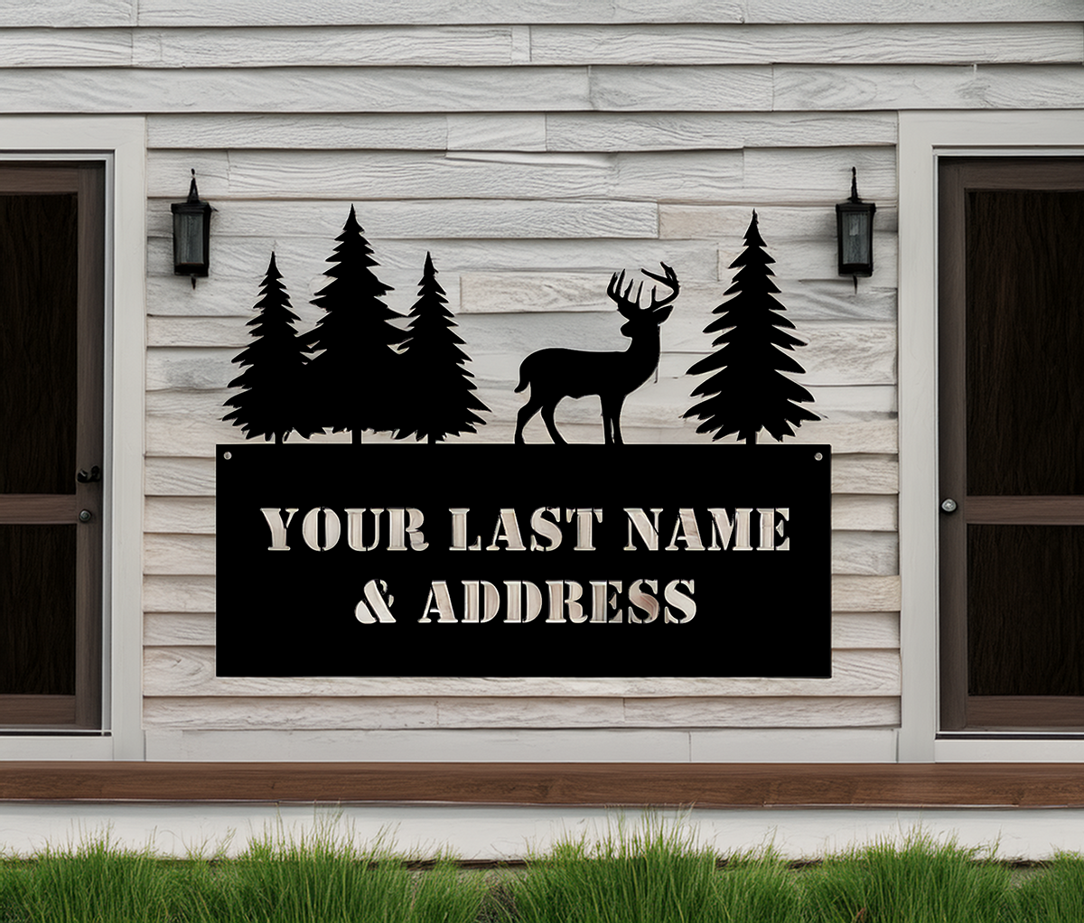 Laser Cut Custom Last Name and Address Sign, available in multiple powder coating color options. Ideal for home or hunting camps or cabins.