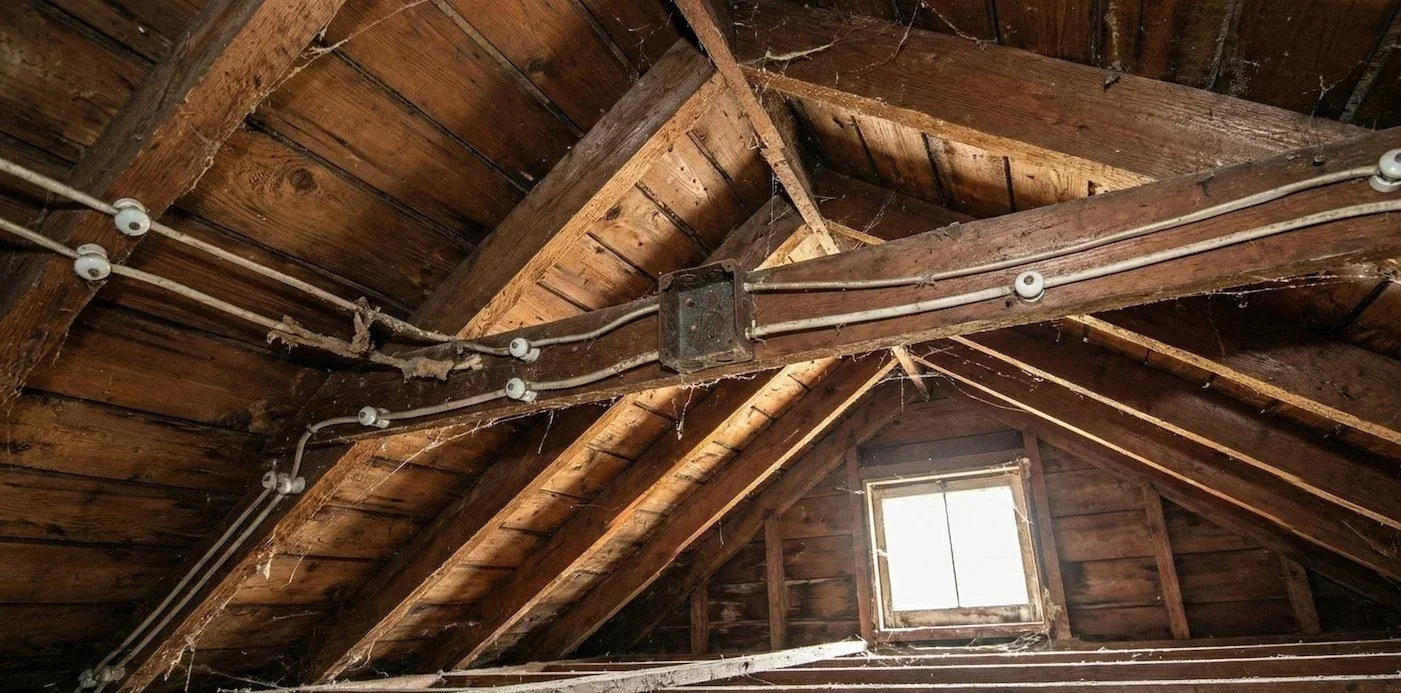 Interior attic with wooden beams, aluminum wiring and knob-and-tube, cobwebs, and a small window