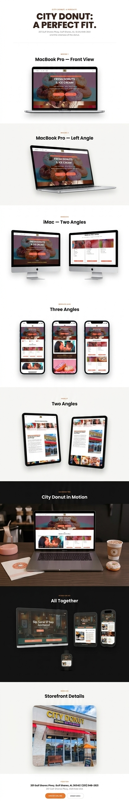 An infographic showing different views of a website and ordering interface for City Donut, including images of a MacBook Pro from front and side angles, an iMac from two angles, an iPhone from three angles, a MacBook in motion, a variety of devices displaying the site, and a storefront exterior.