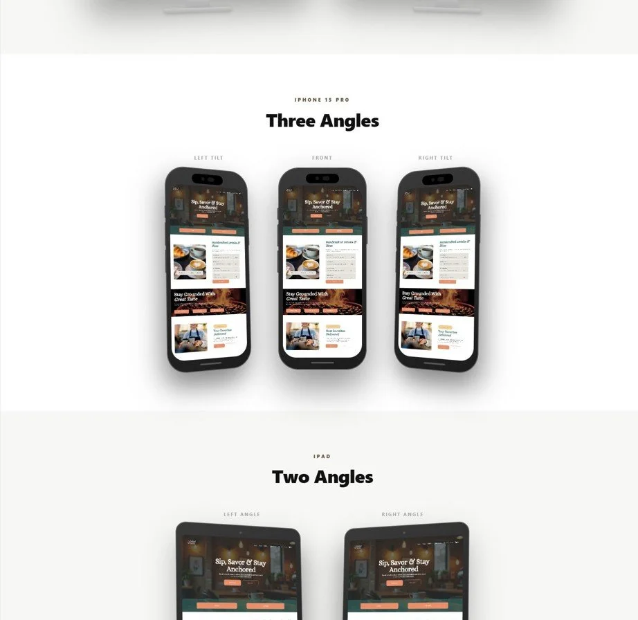 Comparison of smartphone screens showing a webpage from three different angles: left tilt, front, and right tilt, with the webpage displaying a restaurant or café theme and a similar layout.