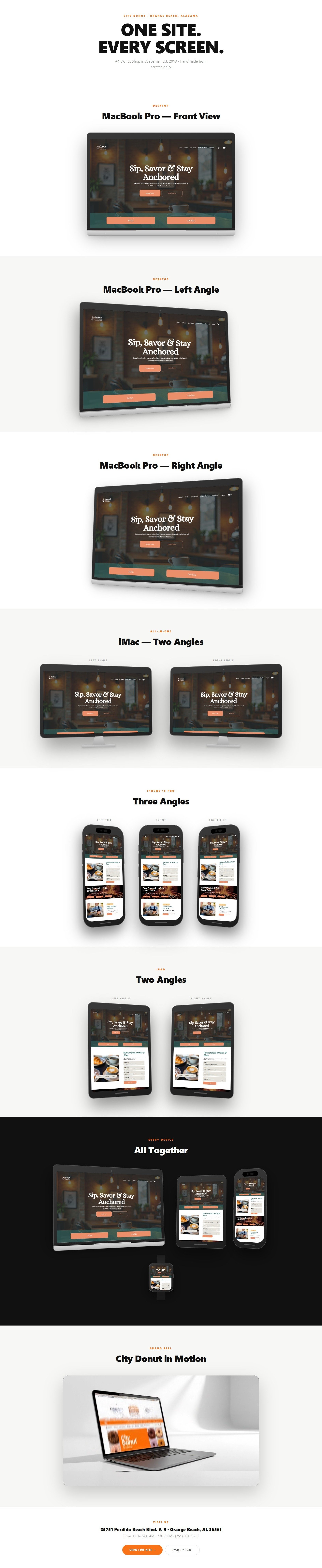 A digital marketing webpage displaying responsive website designs for a cafe or restaurant called City Donut in various device screens, including desktop, laptop, tablet, and smartphone, with the tagline "One Site. Every Screen." and visual examples of the website on different devices.