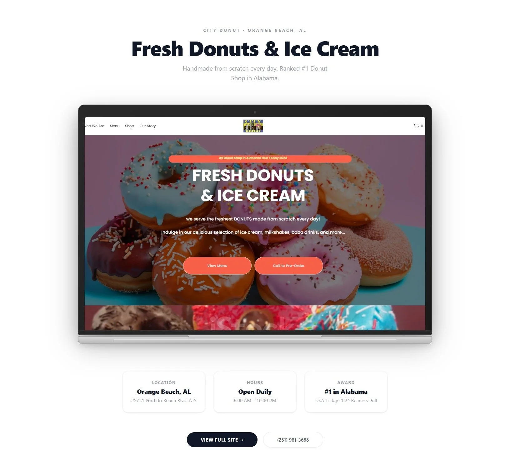 A website homepage for a donut shop with a large header text stating 'Fresh Donuts & Ice Cream,' surrounded by images of colorful decorated donuts. The site includes menu buttons, a shopping cart icon, and sections with location, hours, and awards information.