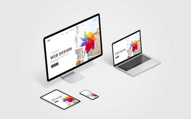 Multiple electronic devices including a desktop monitor, laptop, tablet, and smartphone displaying a web page about web design with colorful graphics.