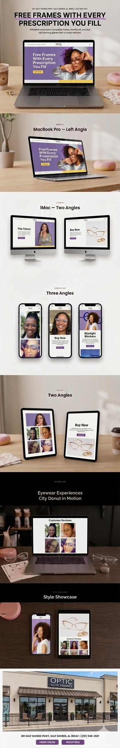 A display showcasing optical frames and eyewear, featuring multiple electronic devices displaying advertisements for free frames with prescription, different angles of images of glasses and models, customer reviews, and a storefront for optical frames.