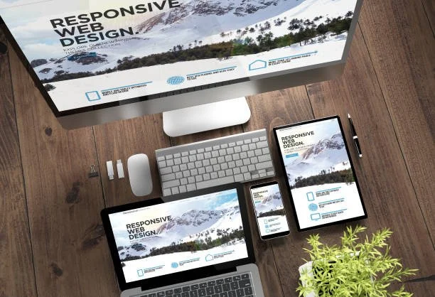 Multiple devices including a desktop monitor, laptop, tablet, and smartphone displaying a responsive web design with mountain scenery, on a wooden desk with a potted plant.