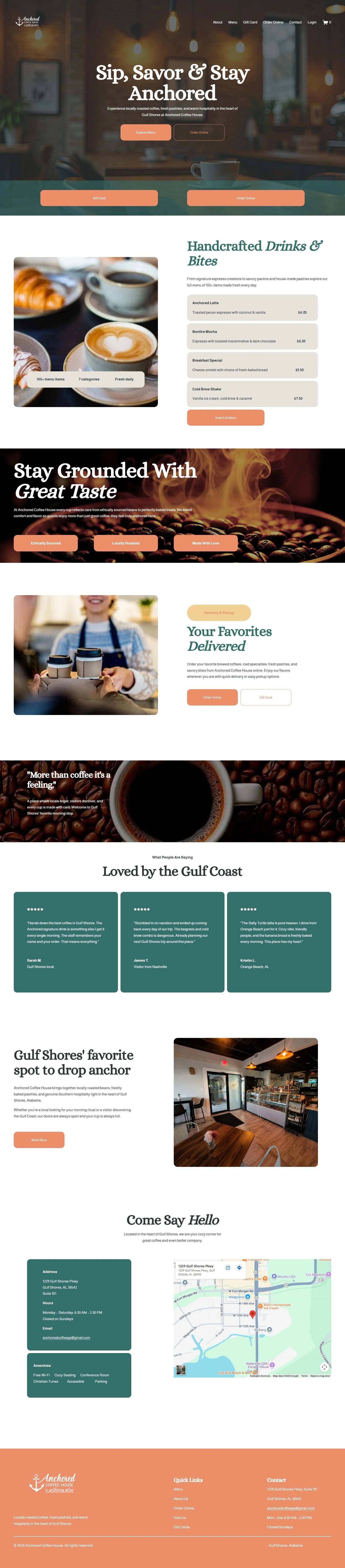 Coffee shop website homepage with sections for drinks and bites, local favorites, customer reviews, and contact information.