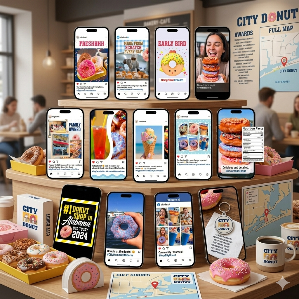 Display of digital screens showcasing various donuts, social media posts, and promotional messages at a donut shop, with people sitting in the background.