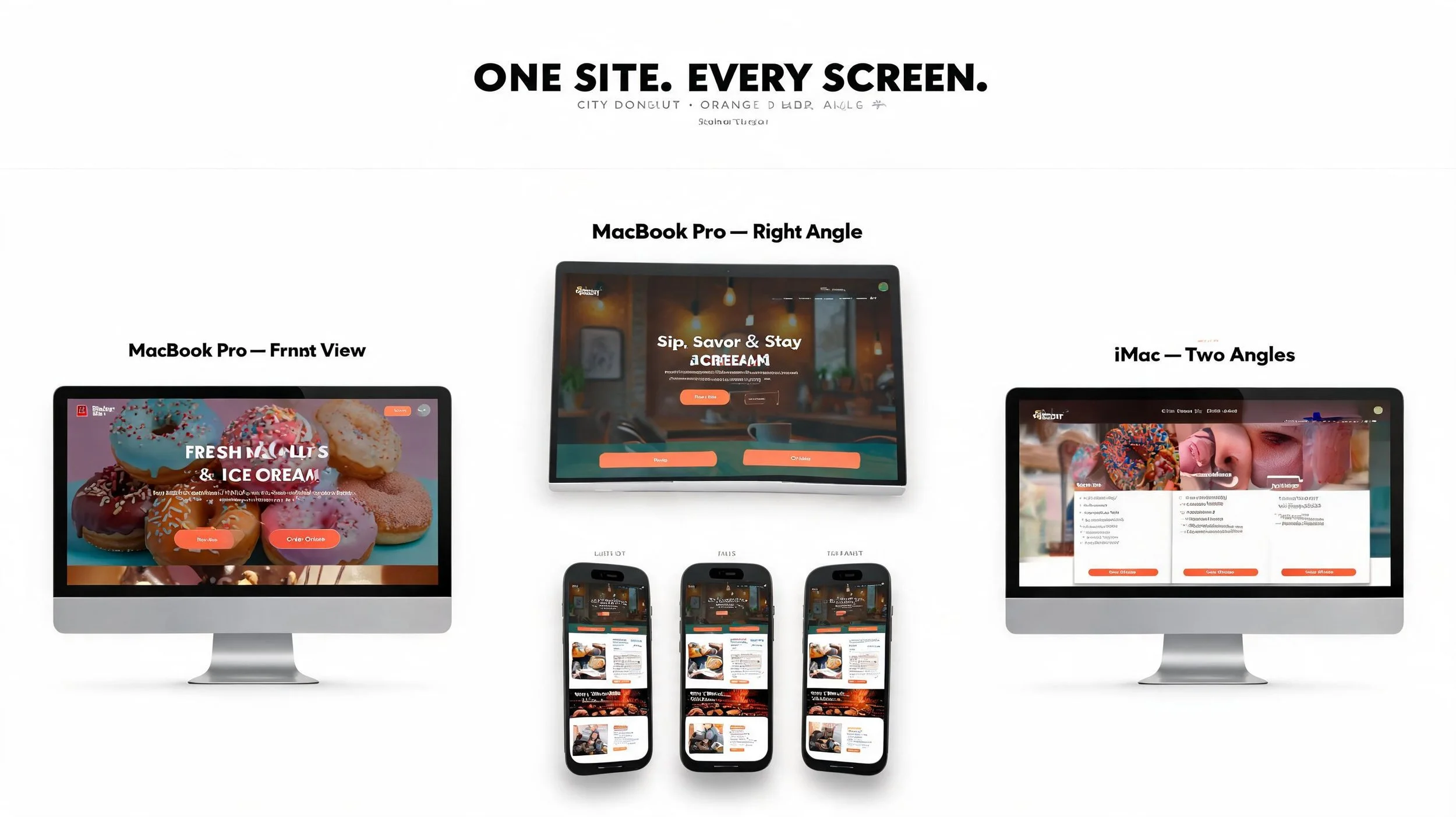 Display of multiple electronic screens showing website designs for food and beverage businesses, including ice cream and coffee shops, with a central focus on a MacBook Pro laptop, iMac, and various mobile devices.