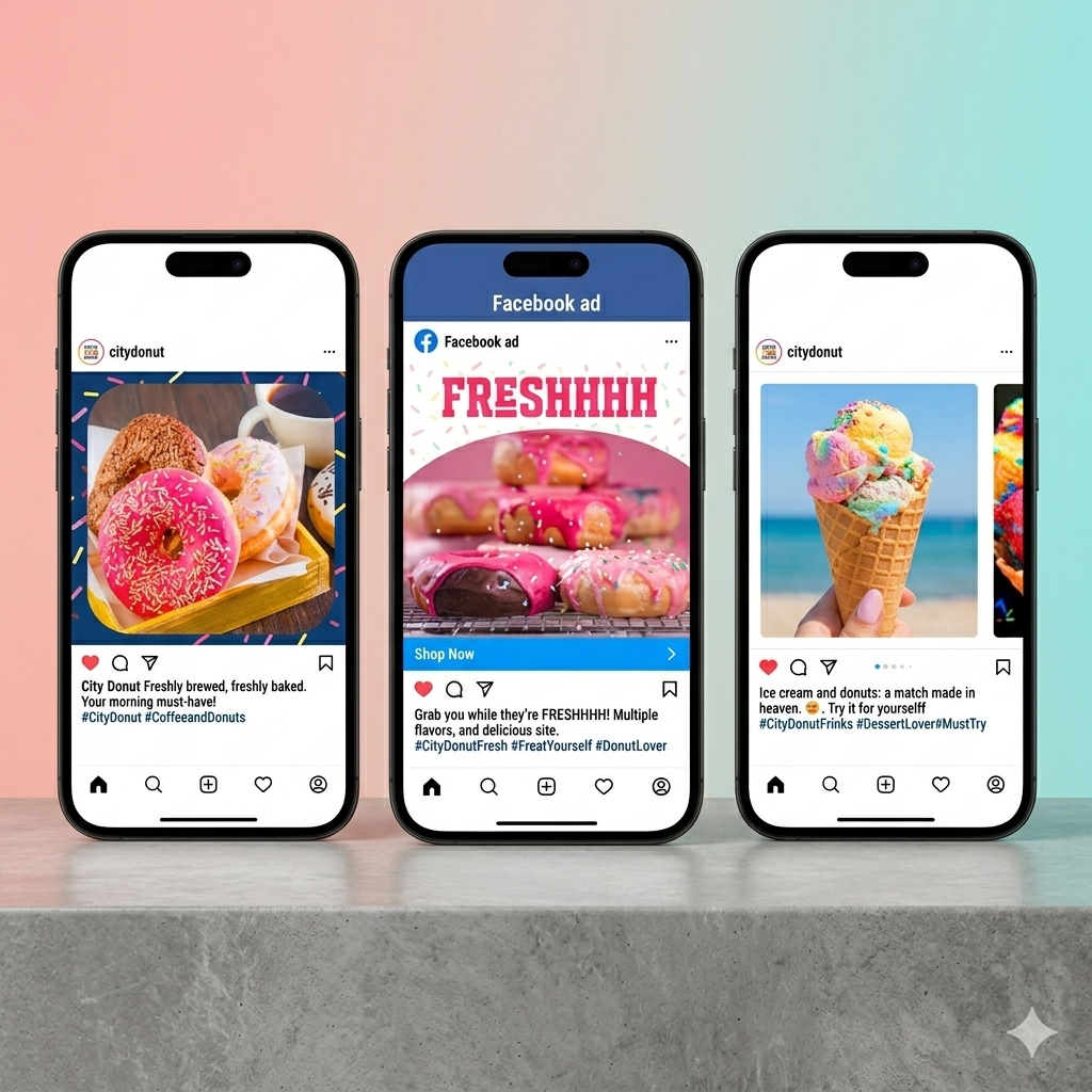 Three smartphones displaying social media posts featuring donuts and ice cream, with pastel gradient background.