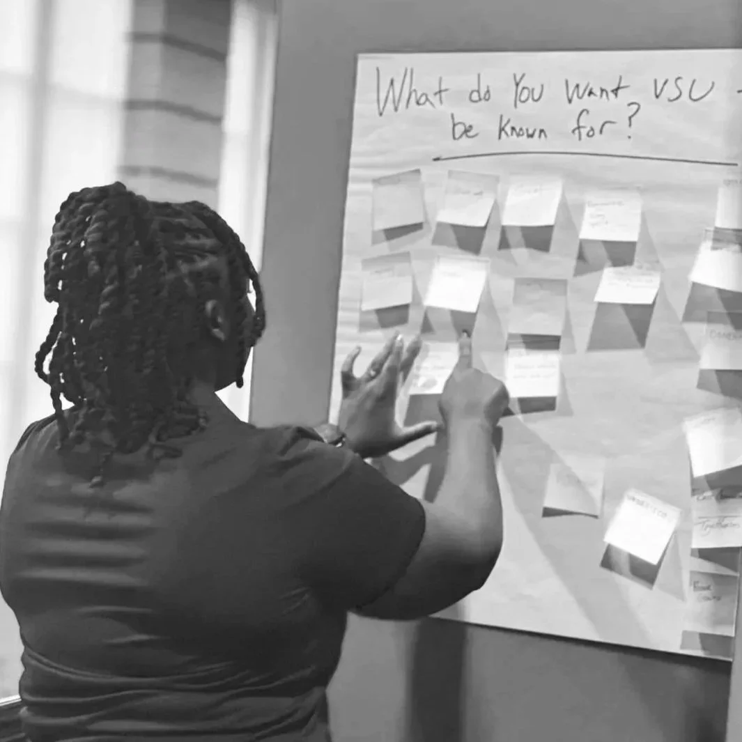 A learner affixing sticky notes to a poster board that reads, 'What do you want VCU to be known for?'