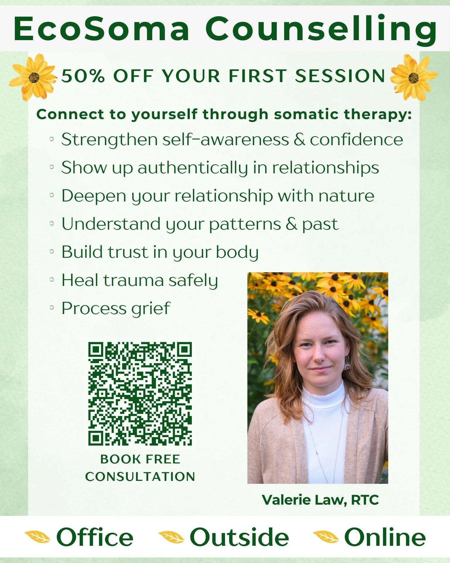 New offering for first-time clients:
✨ 50% off your first session! ✨

As always, I offer a free 20-minute consultation to ensure a good fit. 

🌼 Please share with anyone who may benefit. 🌼

Booking link in IG Bio. Promotion available until December