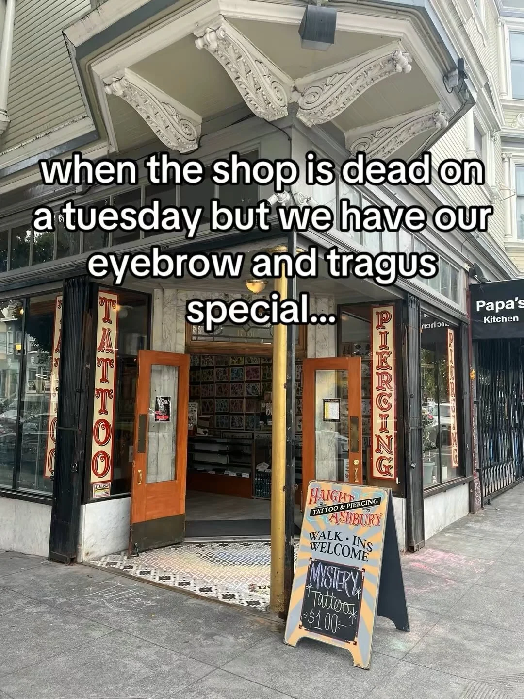 STAYING ALIVE 💀 eyebrow piercings increase your aura by +10,000 points ✨ 
#sanfrancisco #haightashbury #eyebrowpiercing