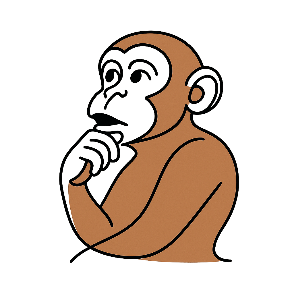 Cartoon of a thoughtful monkey with its hand on its chin, looking upwards, with a black and white background.