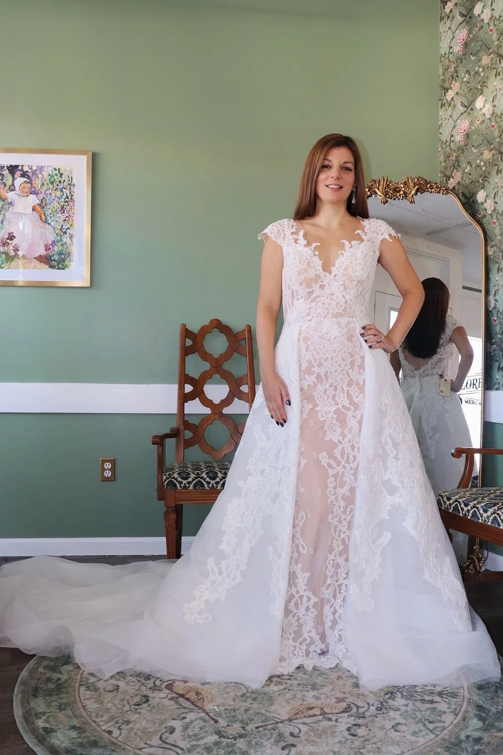 Allover lace sample gown, front view