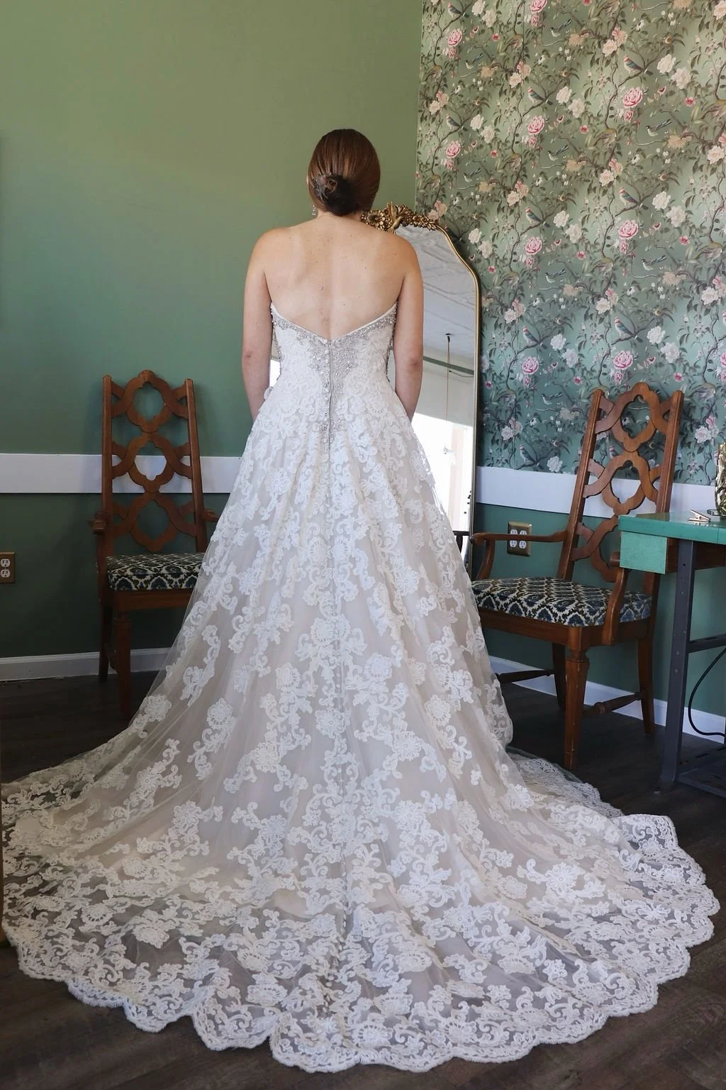 Champagne strapless ballgown sample gown, back view