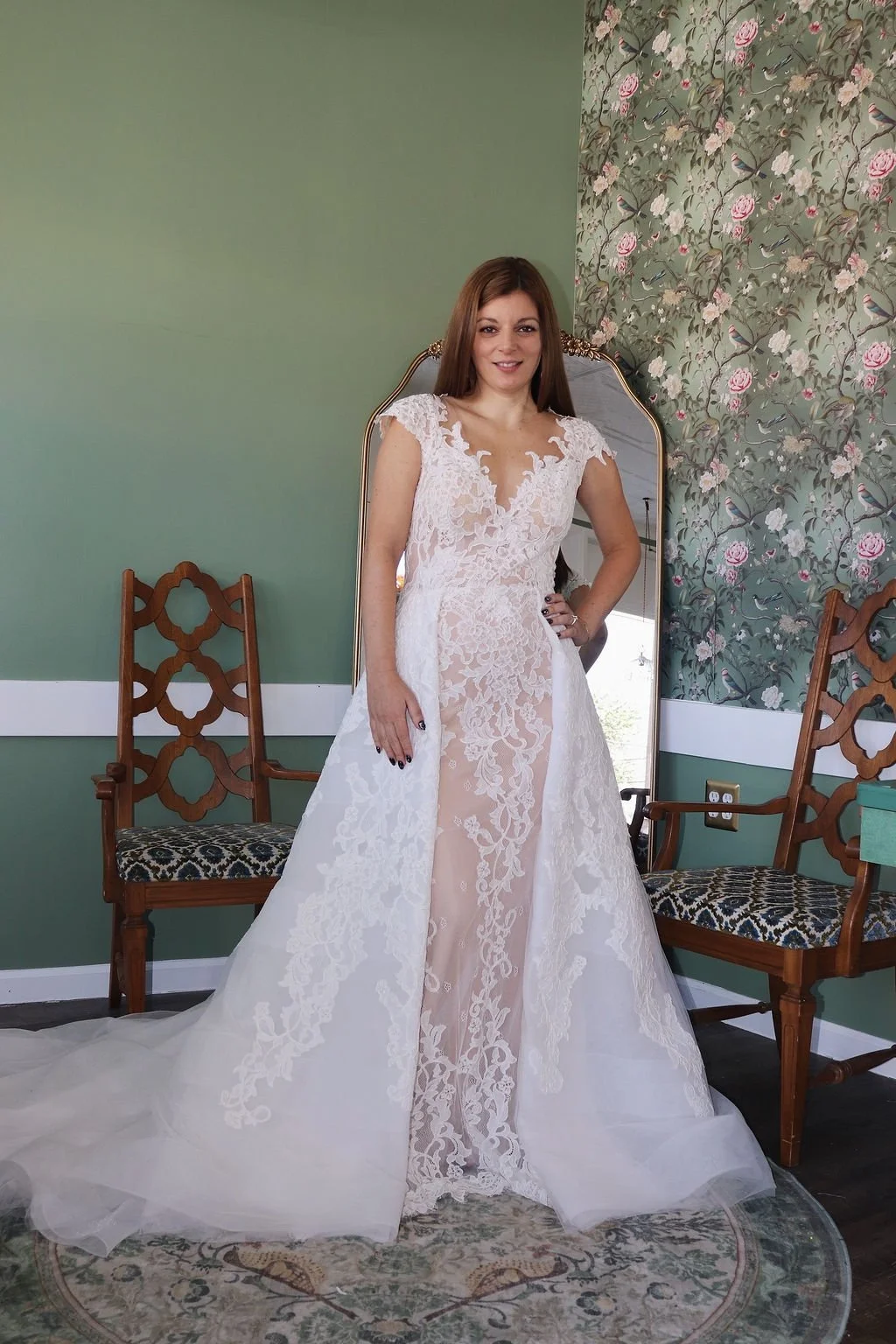 Lace sheath sample gown with tulle overskirt, front view