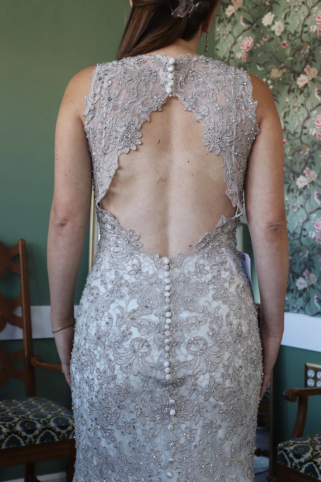 Allover lace sample gown, back view with deep open V back