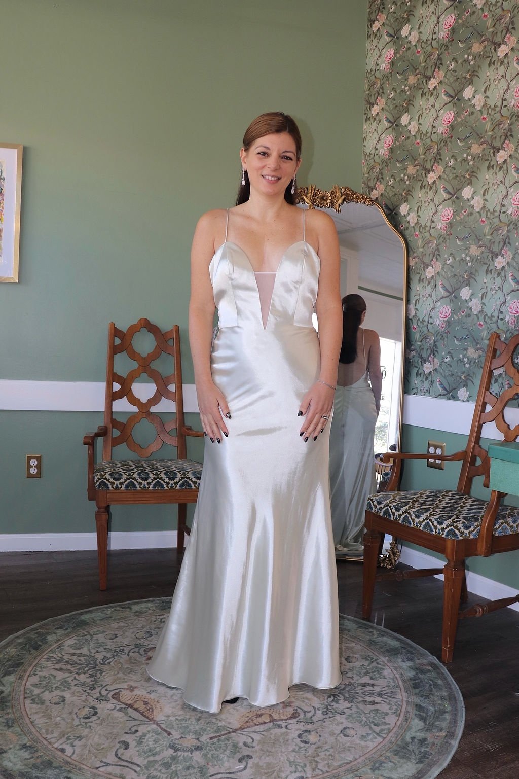 Ivory satin slip sample gown, front view