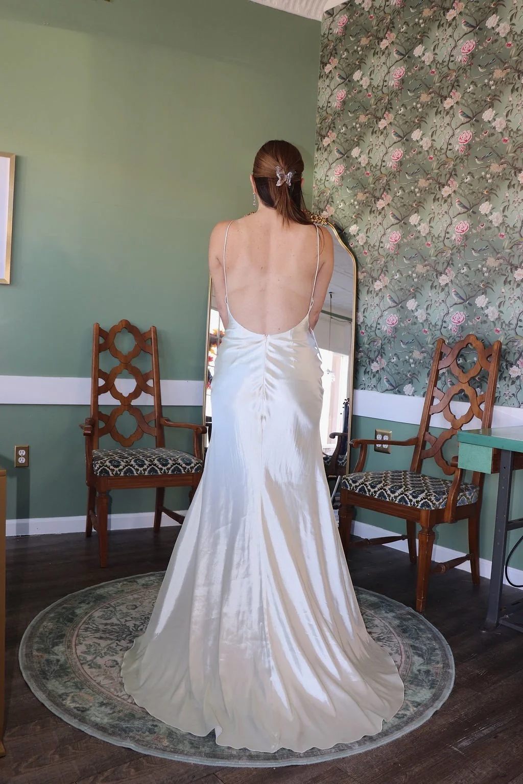 Ivory satin slip sample gown, back view with low open back