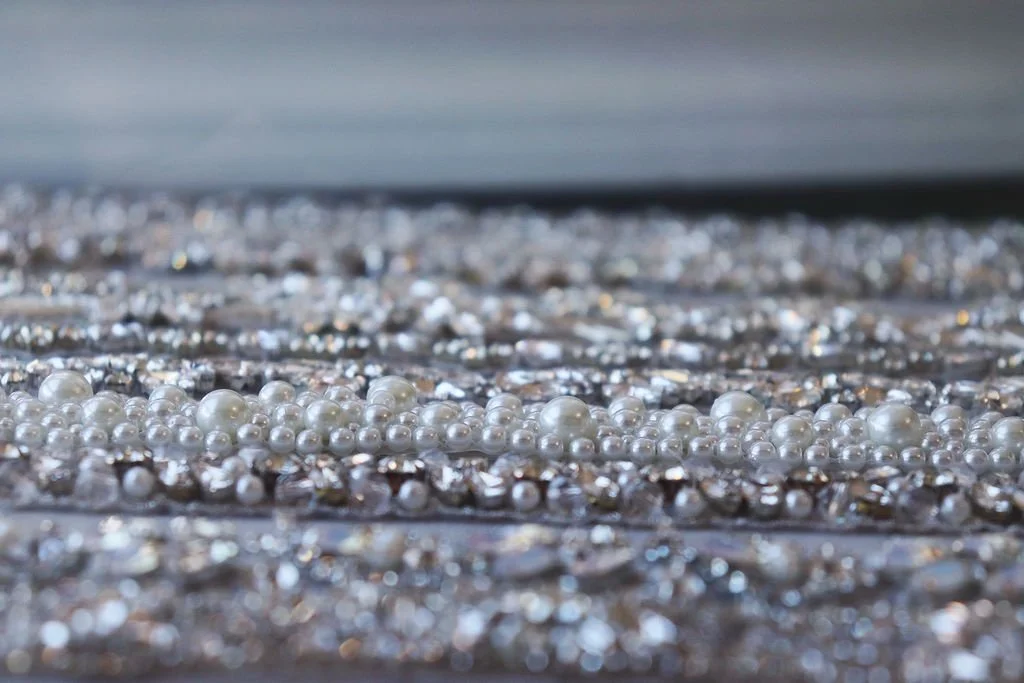 Pearl and crystal bridal belt close-up