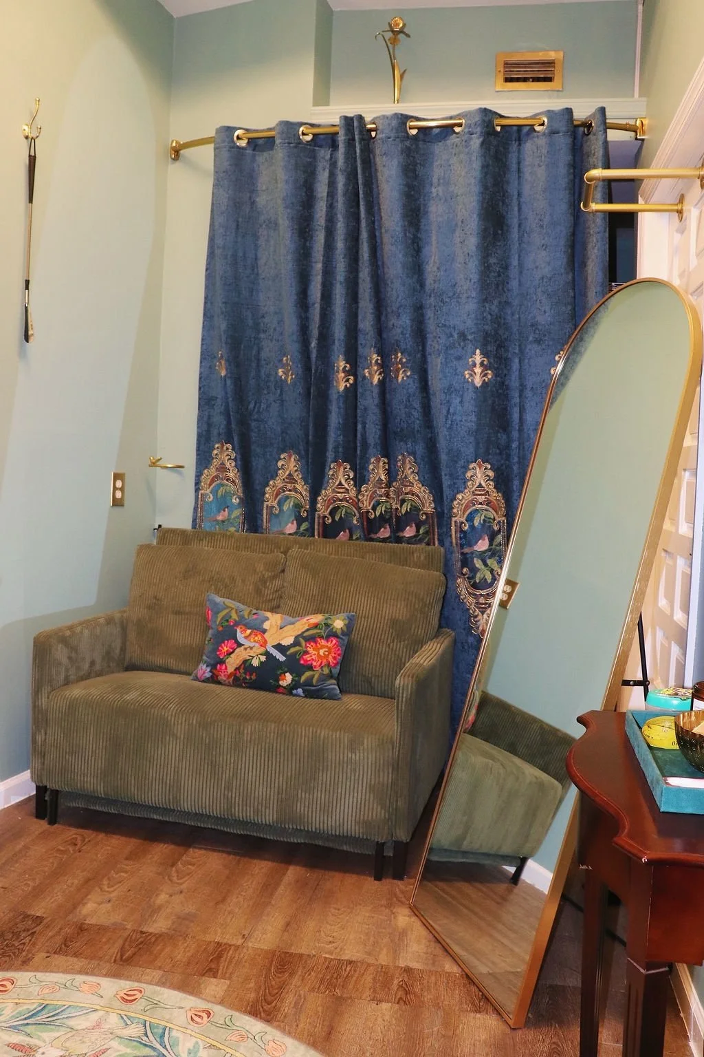 Boutique sofa with embroidered curtain