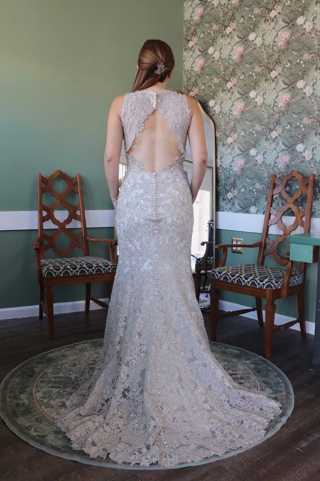 Silver beaded mermaid sample gown, back view with open keyhole back