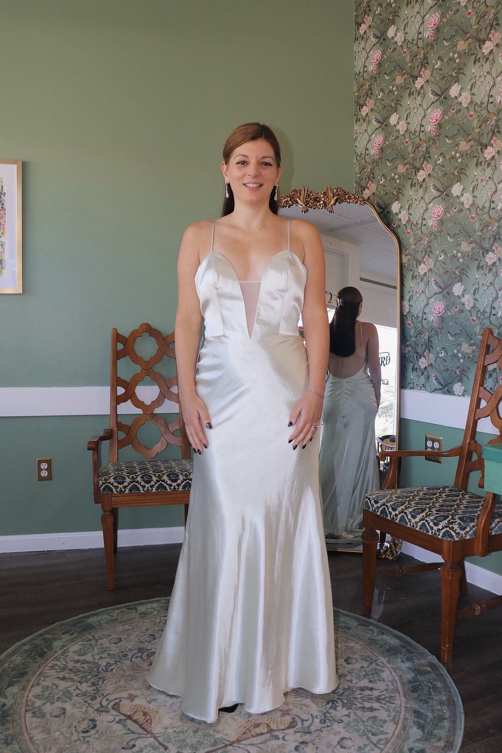 Ivory satin slip sample gown, deep V neckline view