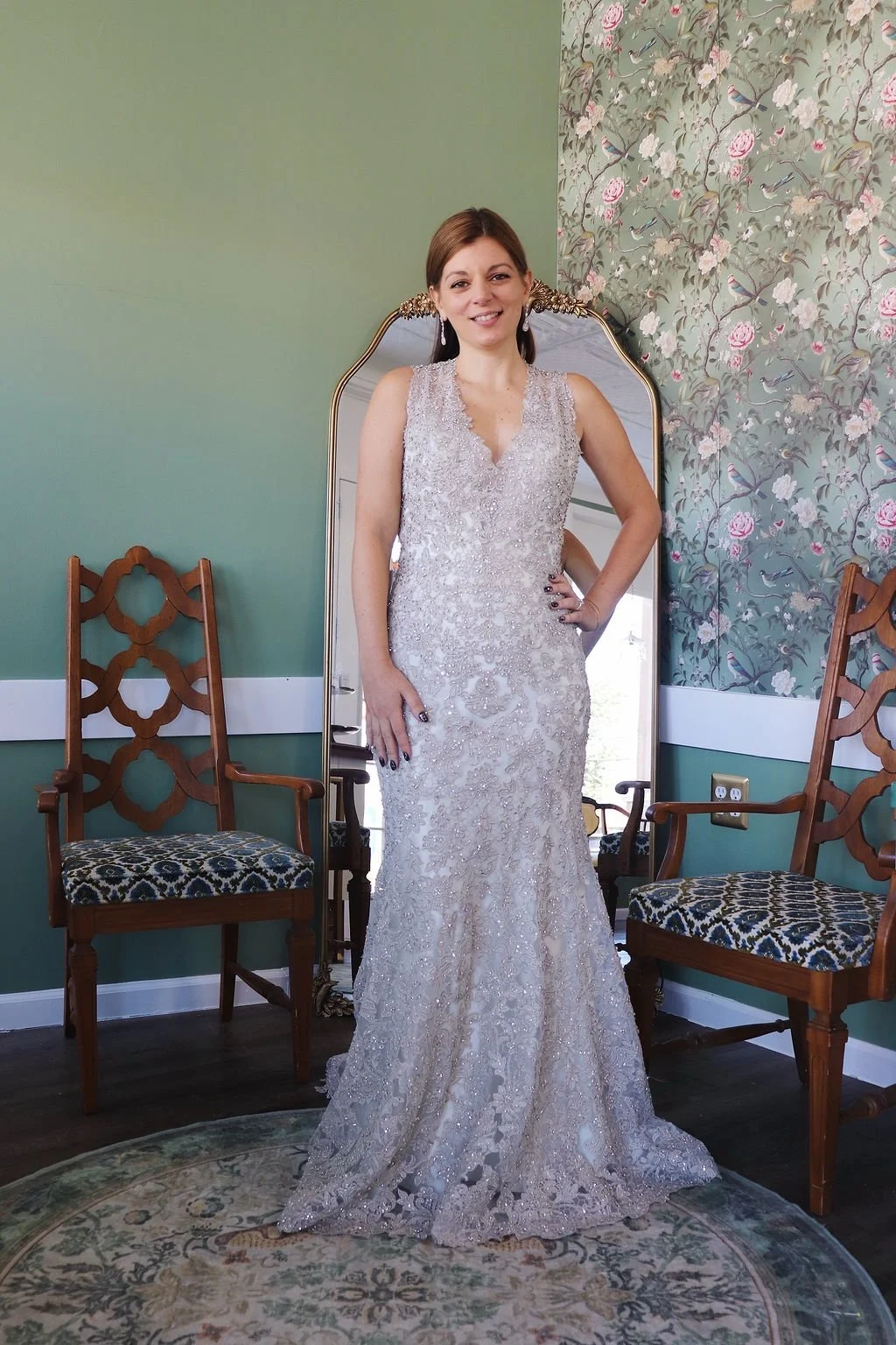 Silver beaded mermaid sample gown, front view