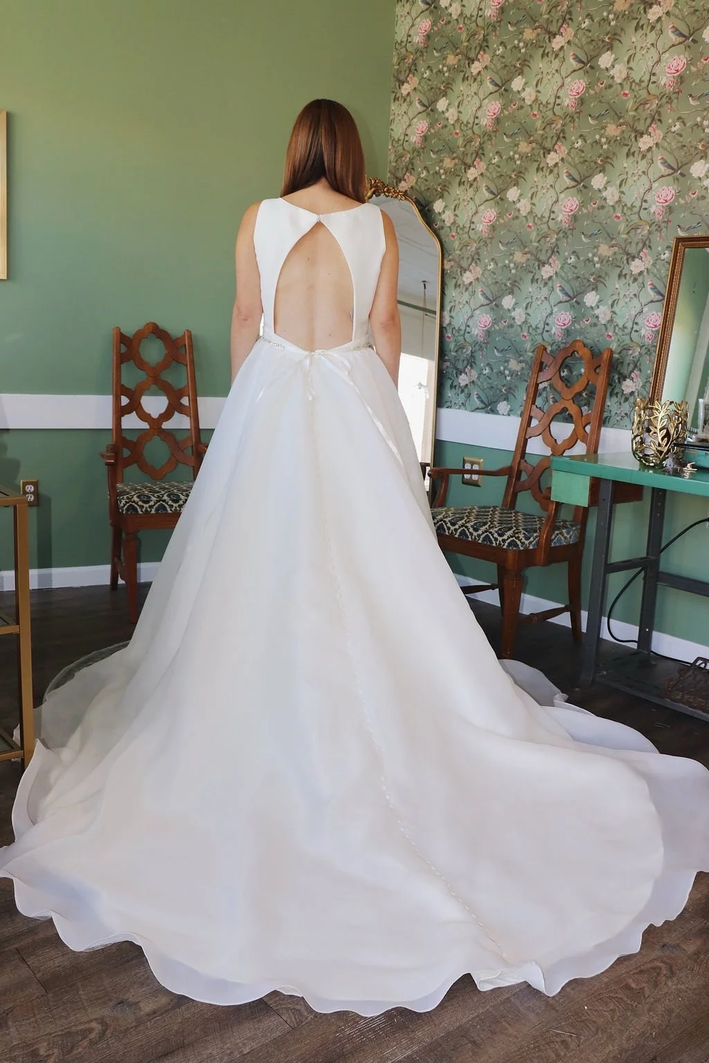 Classic A-line sample gown, back view with keyhole back