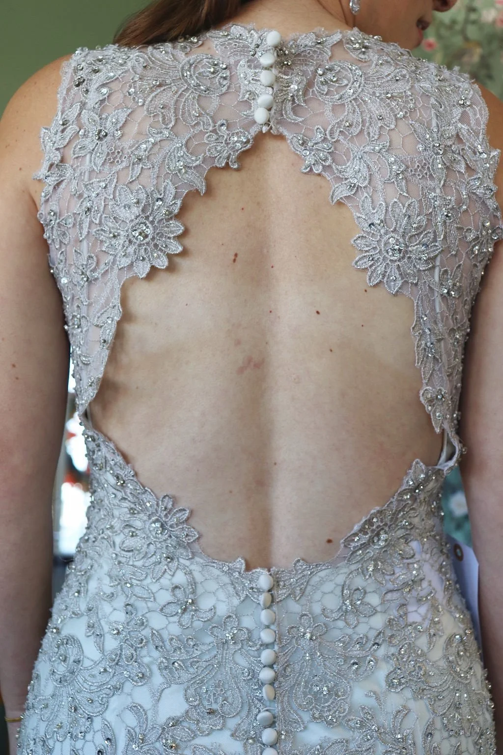 Allover lace sample gown, open V back detail