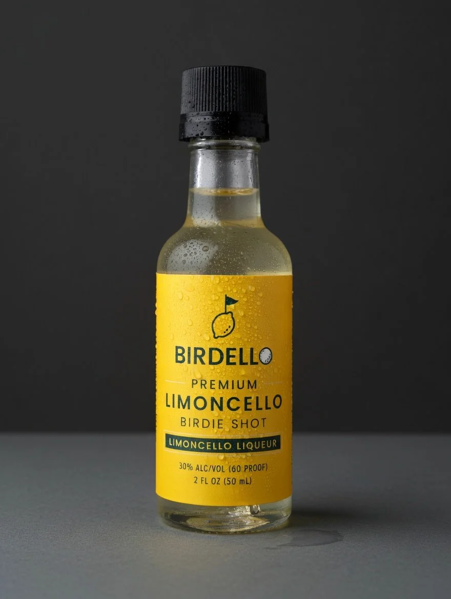 A small glass bottle of BIRDIELLO Premium Limoncello Birdie Shot, a limoncello liqueur with 30% alcohol, 2 fluid ounces, with condensation on the outside, placed against a dark background.