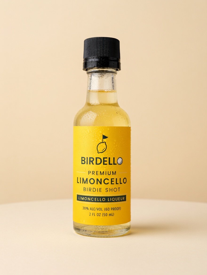 A small glass bottle with a black cap containing limoncello liqueur, labeled 'Birdello Premium Limoncello Birdie Shot' with a yellow background, lemon graphic, and black text, indicating 30% alcohol and 2 fl oz in size.