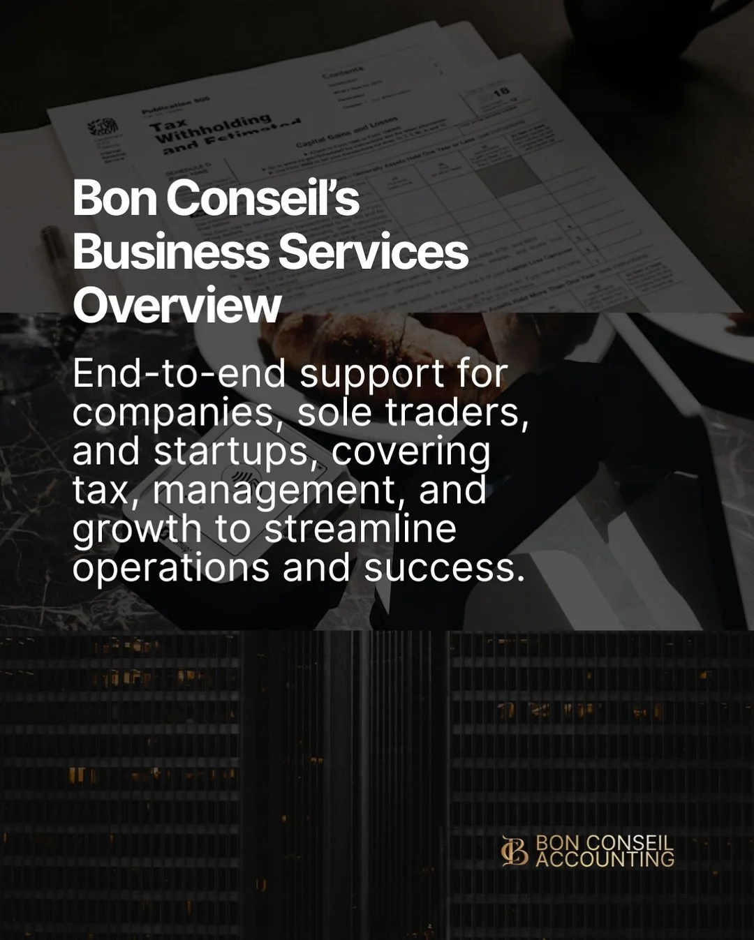 Your business deserves end-to-end support. At Bon Conseil, we don&rsquo;t just cover the essentials &mdash; we cover it all. Discover the full scope of our services online.

#accounting