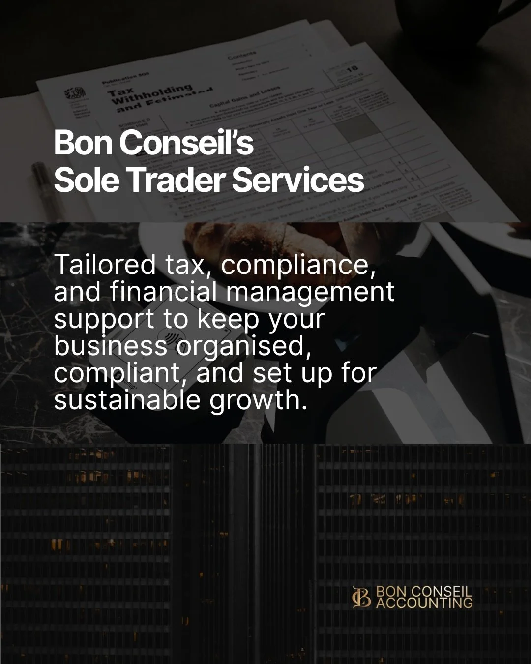 Running a business alone doesn&rsquo;t mean doing it alone.

Our sole trader services cover tax, BAS, bookkeeping, advisory, and compliance: giving you clarity, structure, and peace of mind year-round.

Focus on growing your business. We&rsquo;ll han