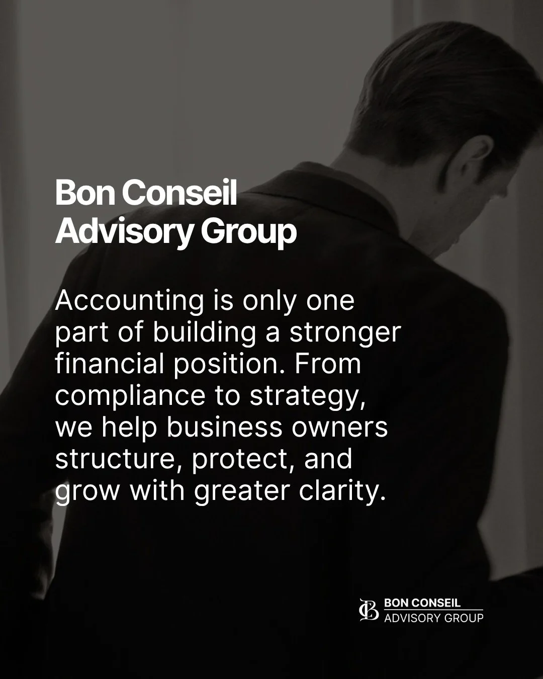 Bon Conseil is evolving.

As Bon Conseil Advisory Group, our focus is expanding beyond traditional accounting to provide deeper support across tax, compliance, strategic advisory, CFO services, SMSF, and R&amp;D advisory.

Because as your business gr