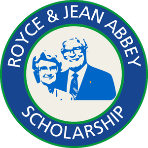 Logo for the Royce & Jean Abbey Scholarship featuring a graphic of two smiling individuals in suits, with blue and green color accents and text around the image.