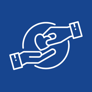 Line drawing of two hands holding a heart between them, with a circular background and a line across the top.