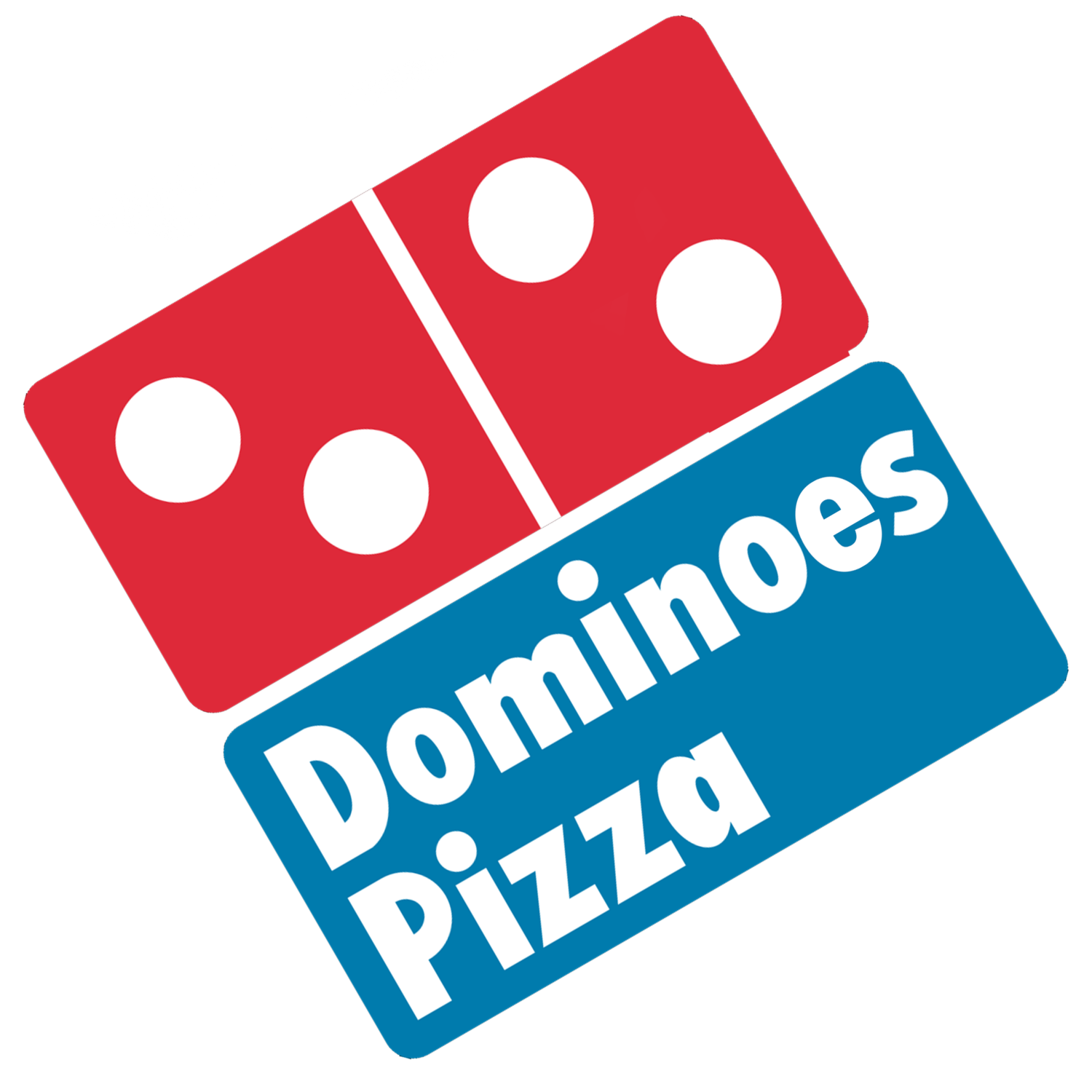 A red dice with white dots, and a blue sign with white text reading 'Domino's Pizza'.