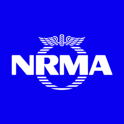 NRMA logo with a blue background and white text featuring a winged wheel design.