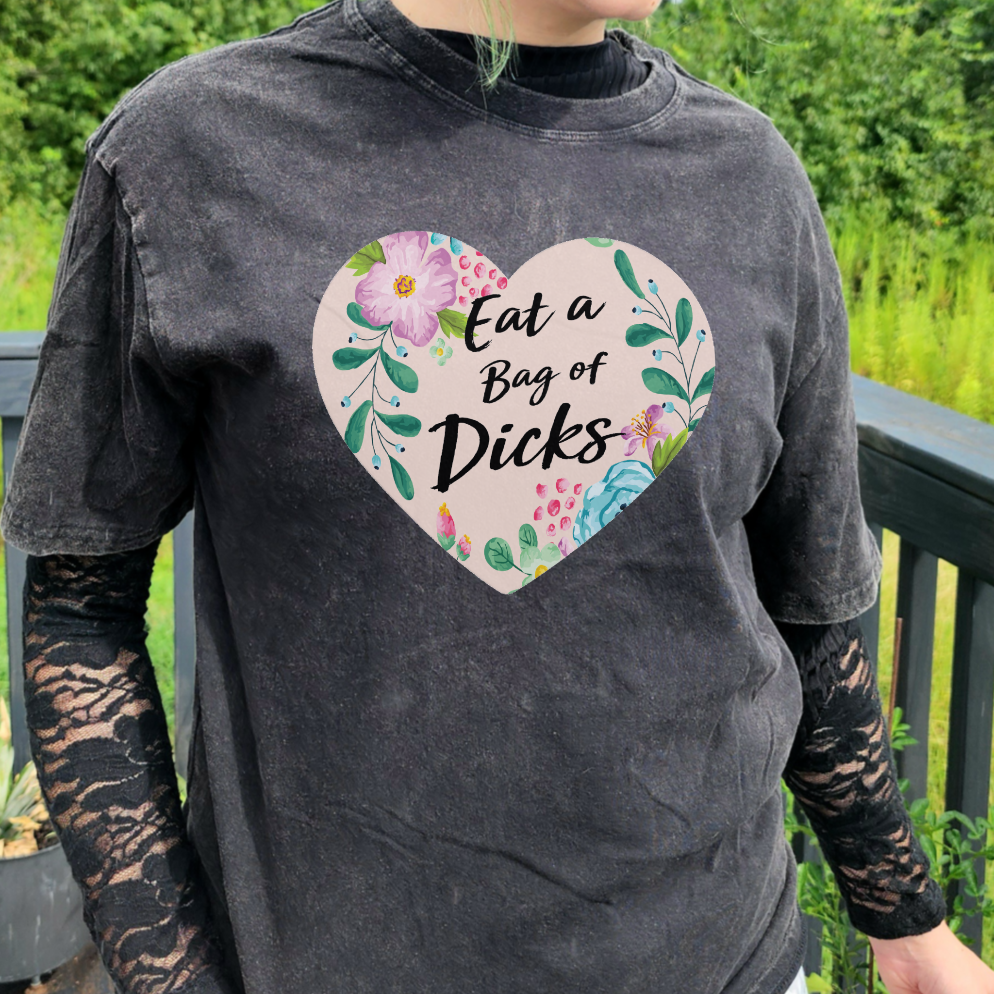 Sassy Floral Graphic Tee-- acid wash t shirt, inappropriate gift, white elephant gift, eat a bag of dicks