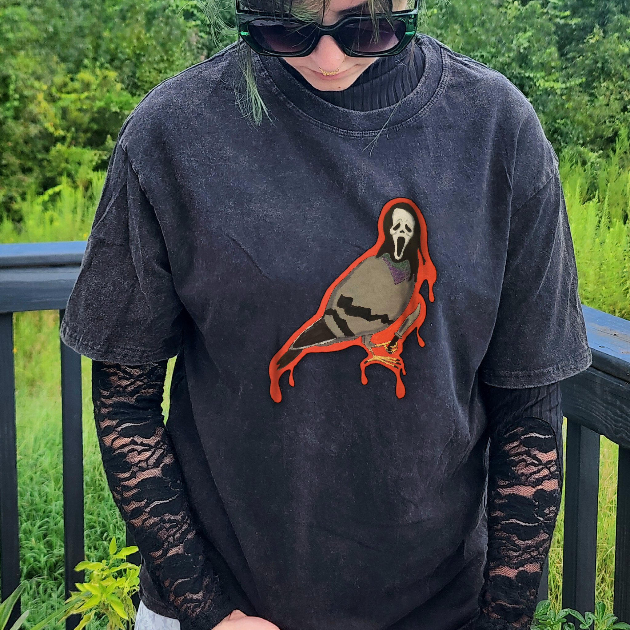 Unisex Acid Wash Scream Pigeon Shirt, Original Artwork Design, Halloween Shirt, Bird Horror Lover gift, Pop Culture