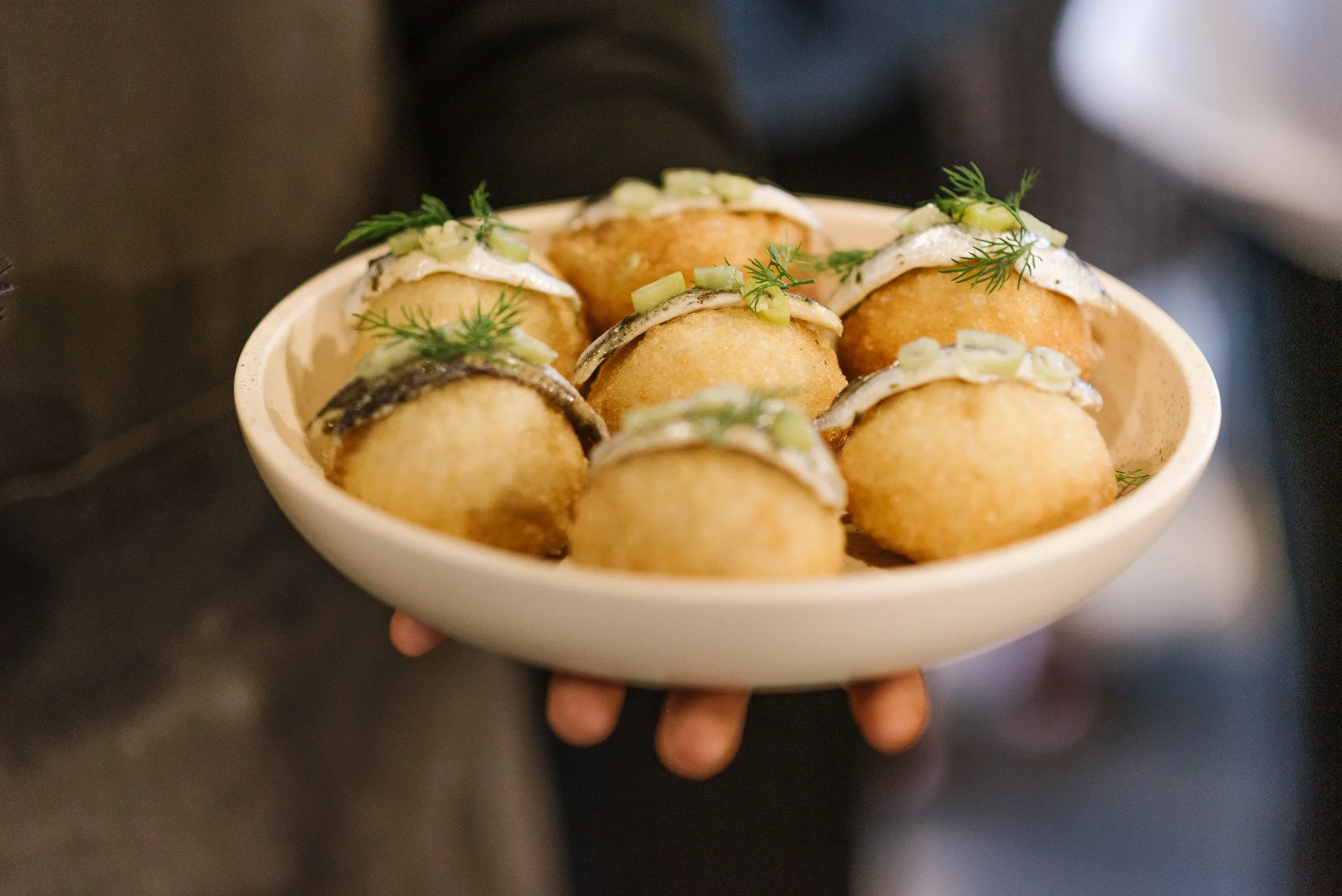 Commercial food photography of gourmet seafood appetisers at an Adelaide winery.