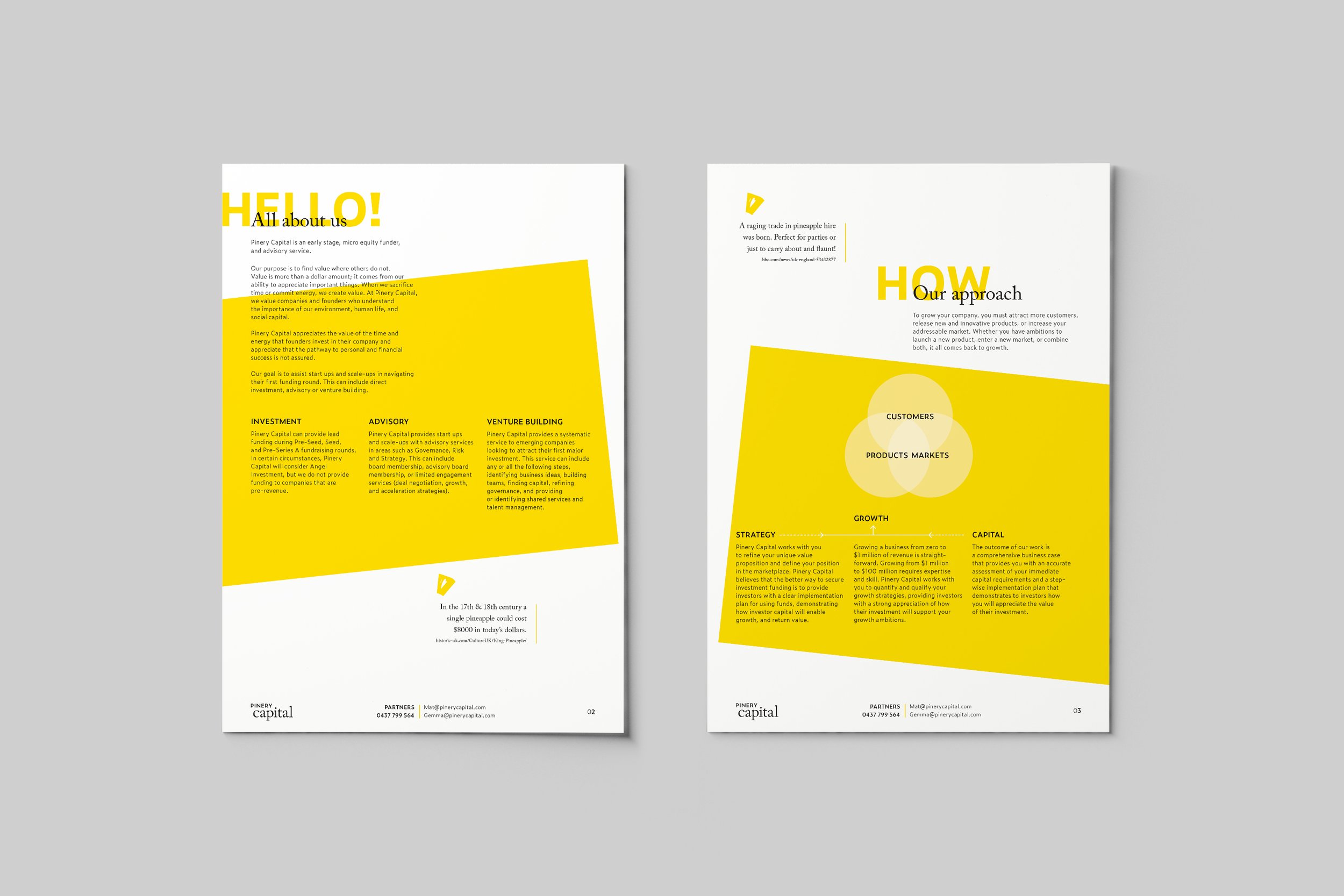 Two pages of a printed brochure for Pinery Capital, featuring a yellow and white color scheme, bold headers, infographics, and sections about investment, advisory, strategy, and growth.