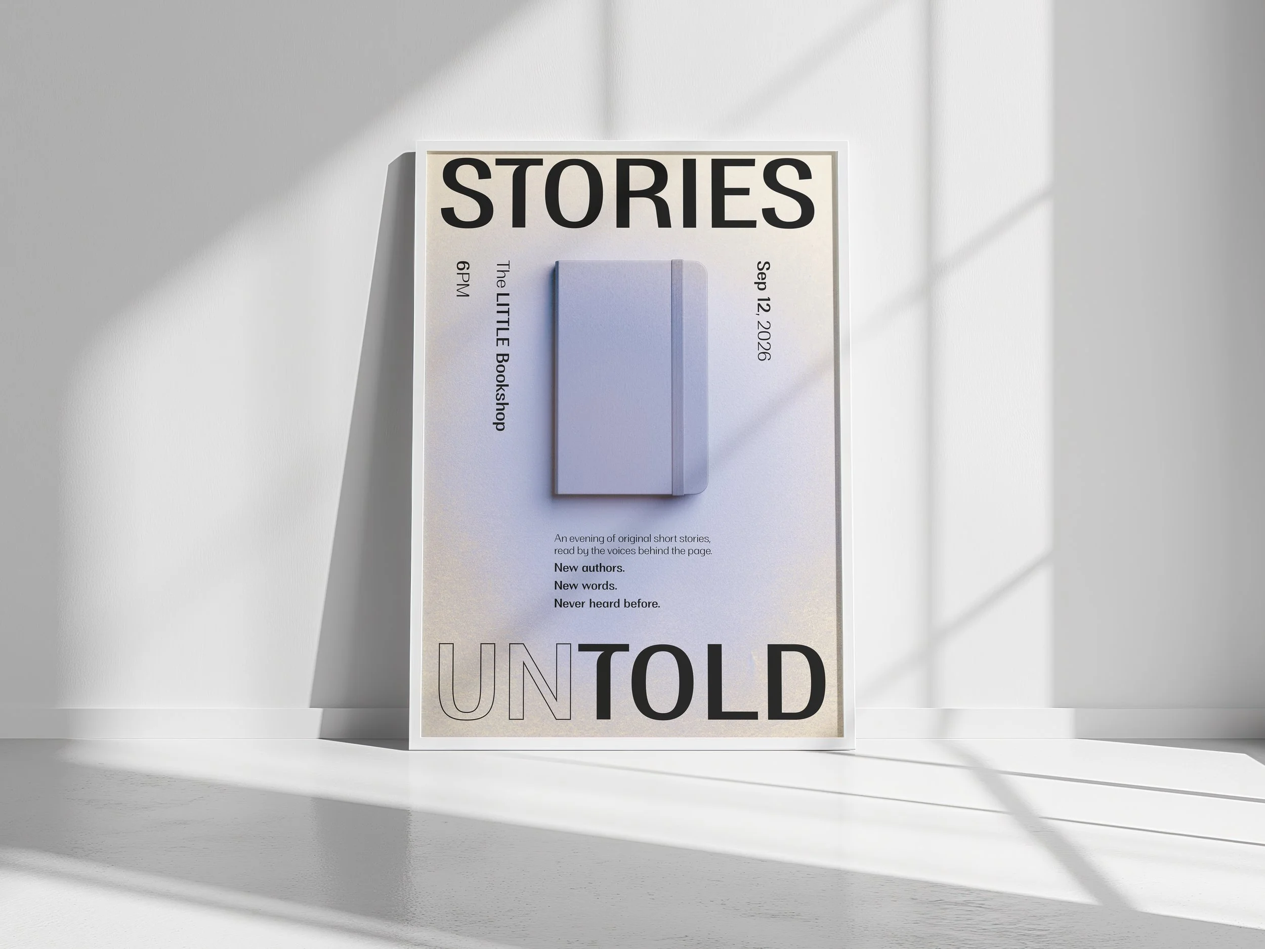 Poster advertising an event called UNTOLD at The LITTLE Bookshop on September 12, 2026, featuring short stories read by voices behind the page, with the theme of new authors and words.