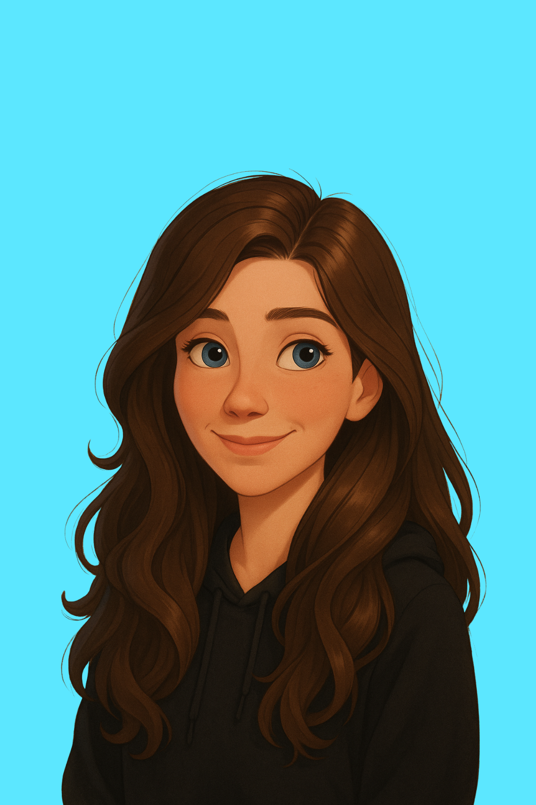 Digital illustration of a young woman with long wavy brown hair, blue eyes, and a black hoodie, smiling slightly against a light blue background.