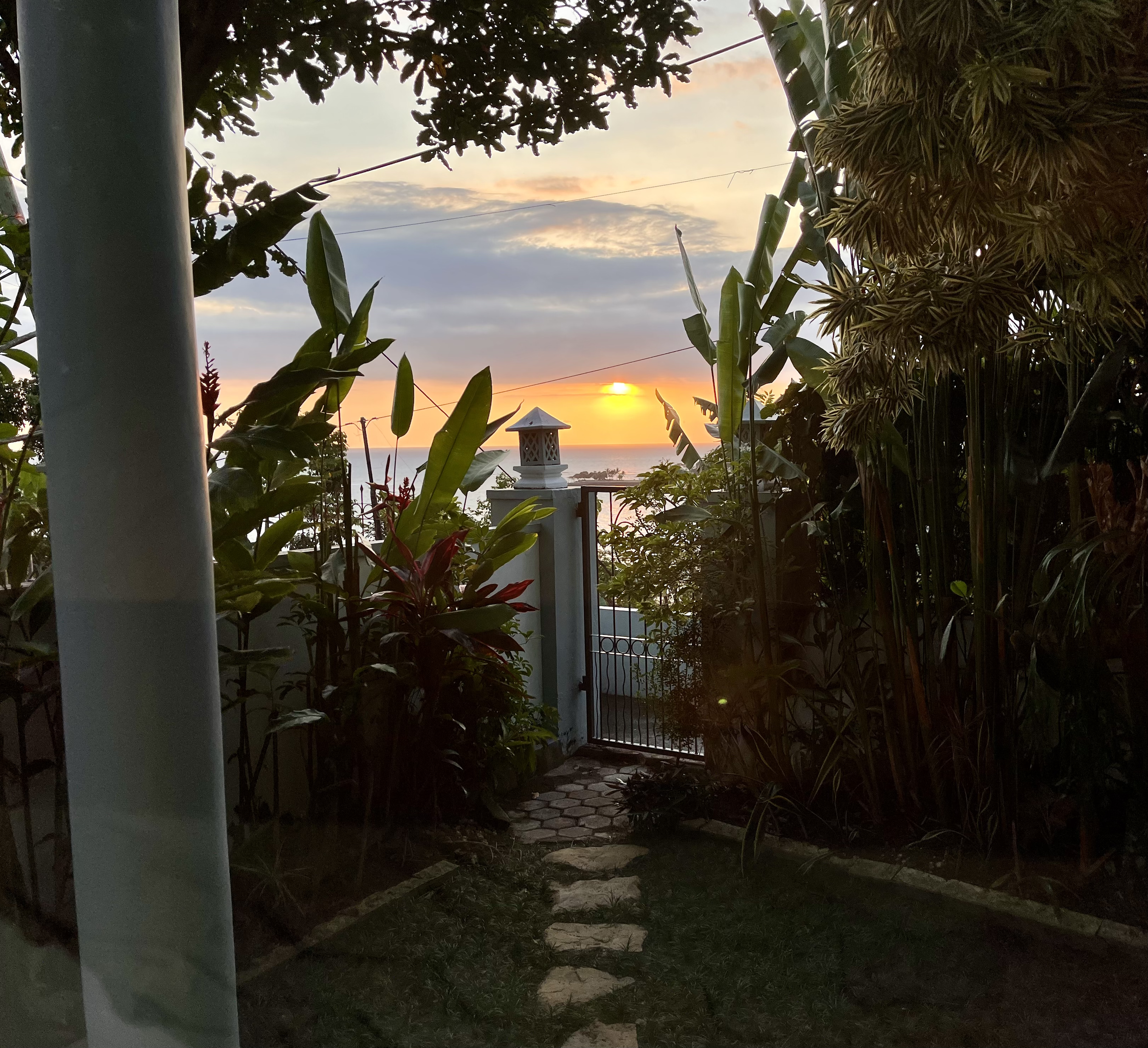 A view of a sunset over the ocean seen through the kitchen garden window with lush green plants, a gate, and a small stone pathway.
