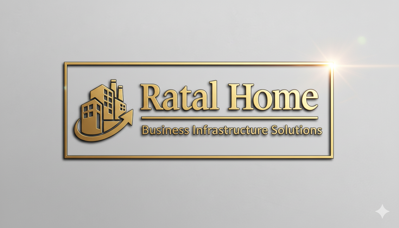 Logotipo de Ratal Home con edificio y flecha ascendente, texto en dorado en un marco rectangular.
