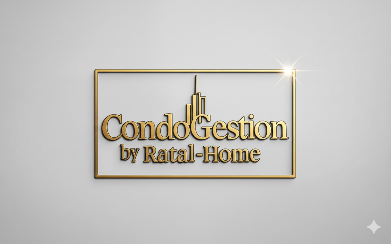 Logotipo en relieve con texto dorado que dice "Condogestión por Ratal-Home" y un diseño de edificios en la parte superior, dentro de un marco dorado en un fondo gris claro.