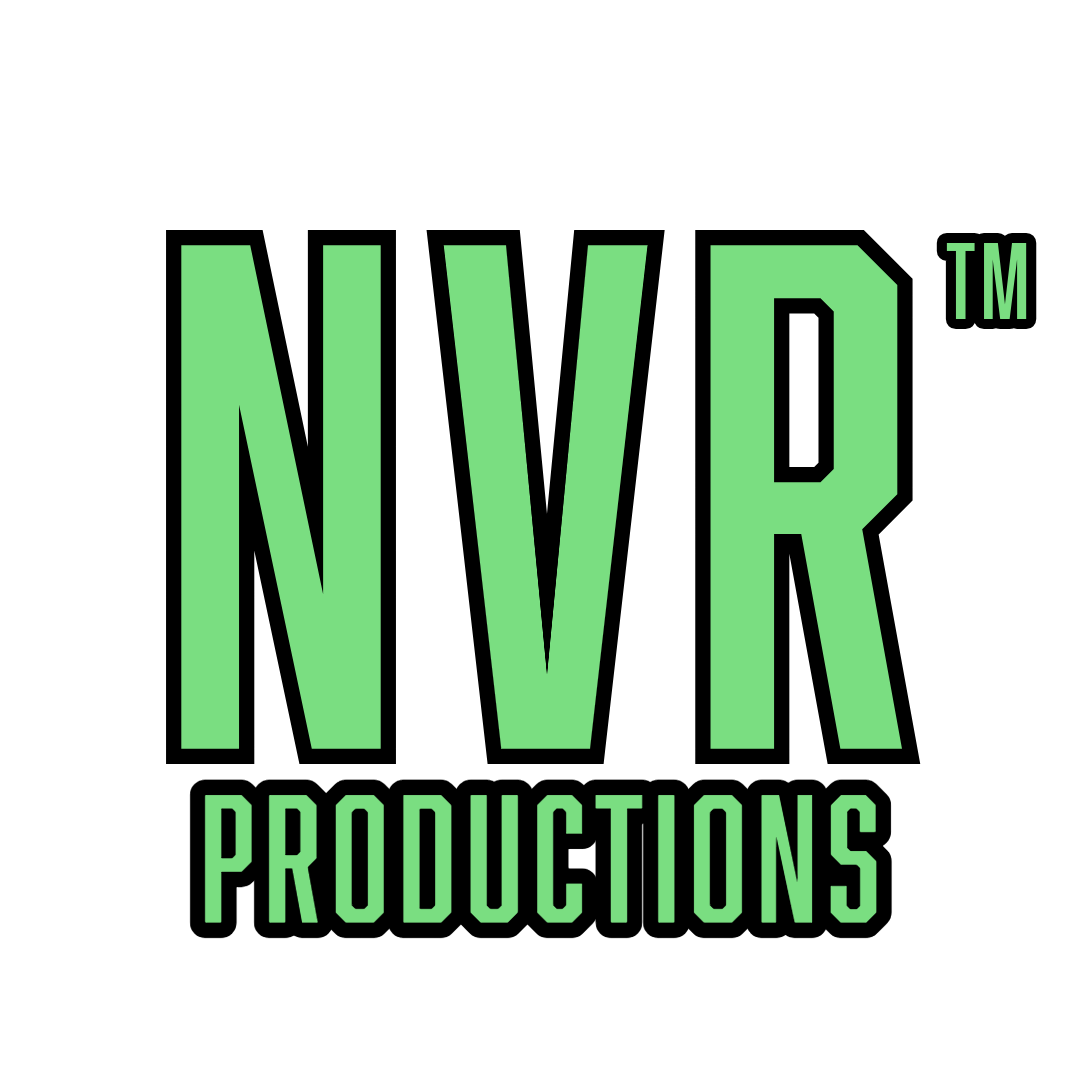 Logo for NVR Productions with stylized green and white text on a black background.